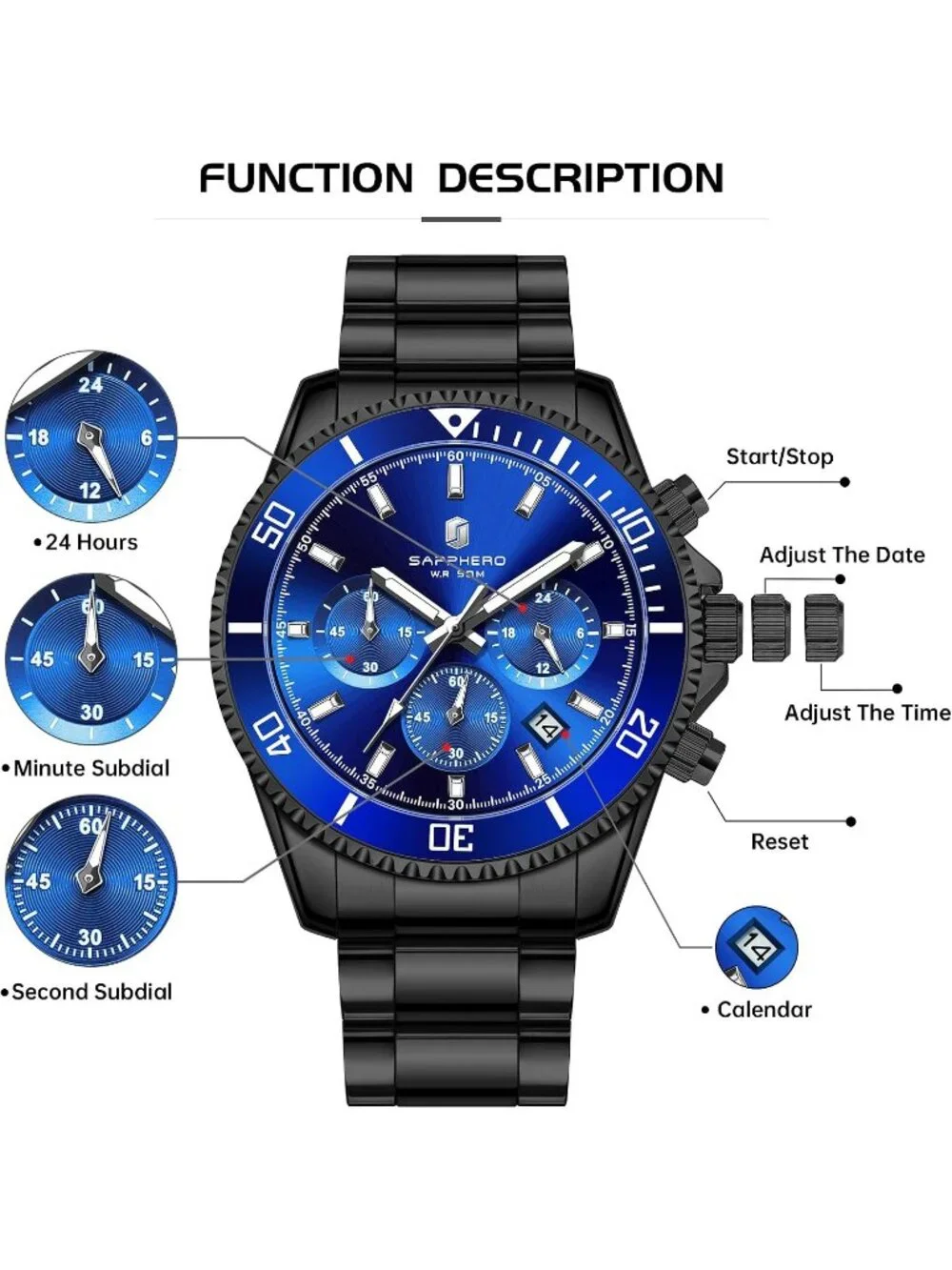 Men's Black Strap Blue Face Quartz Chronograph Stainless Steel Waterproof Watch